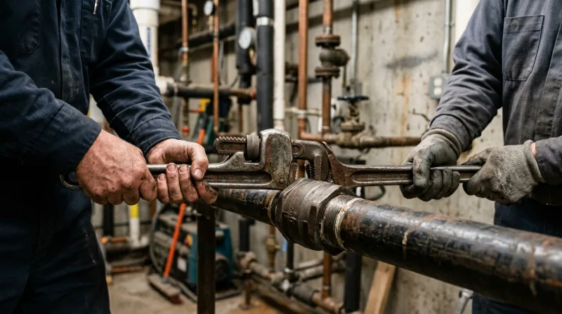 Two plumbers tightening a threaded steel pipe joint with pipe wrenches
