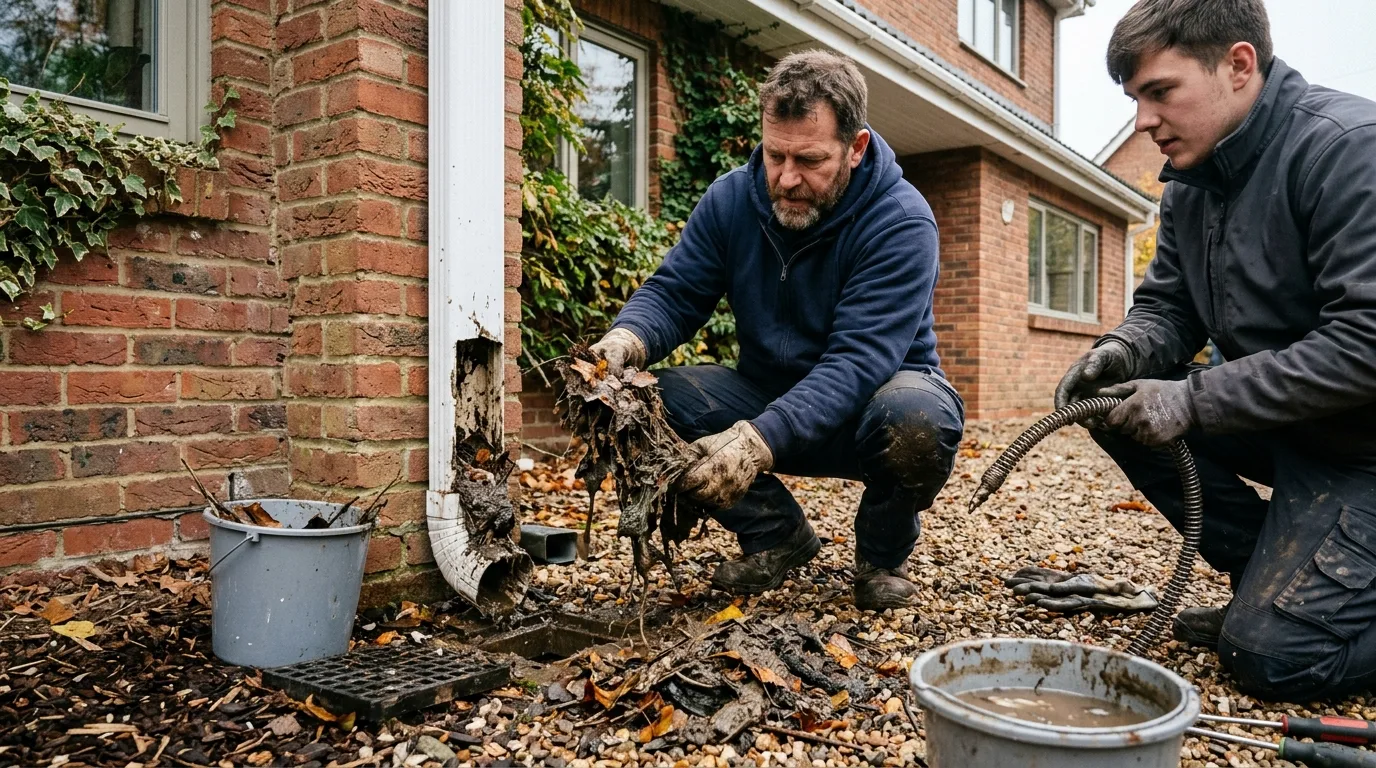 Plumbers clearing leaf debris from a blocked gutter downpipe