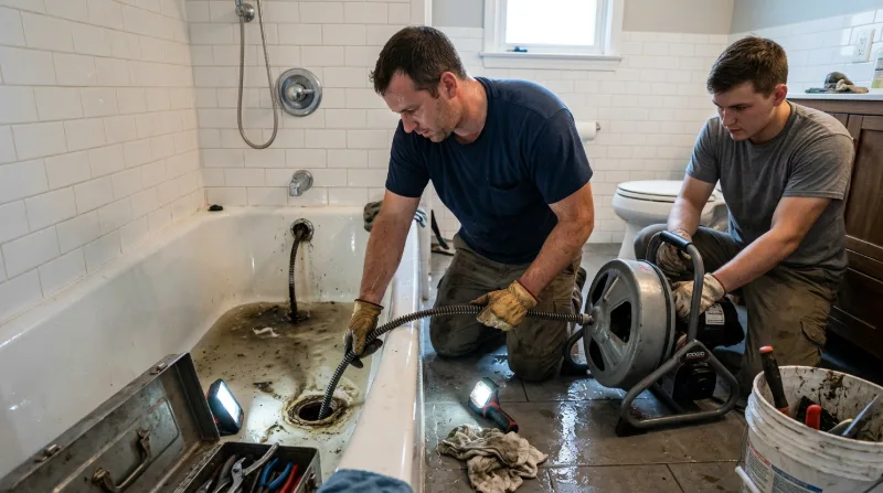 Plumber snaking a blocked bathtub drain