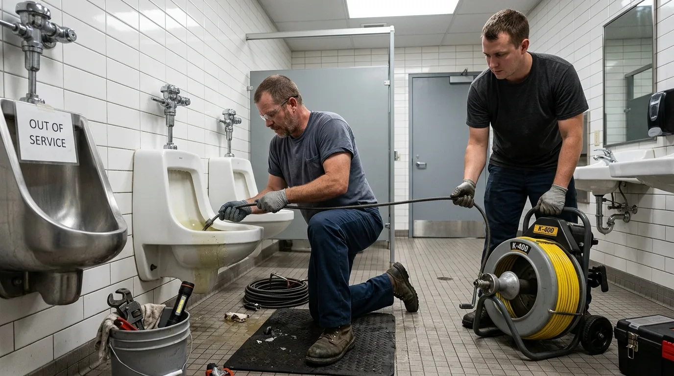 Plumber clearing a blocked urinal in a commercial restroom