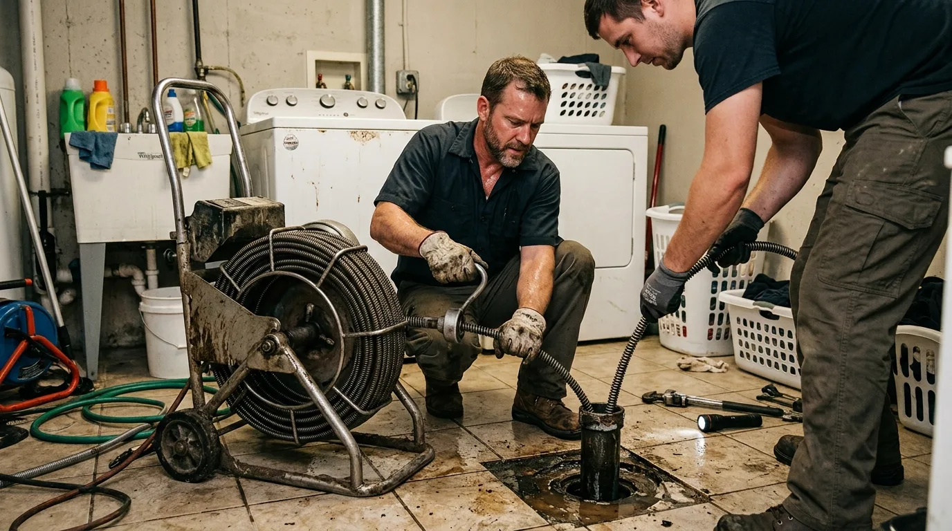 Plumbers running a drum machine into a laundry-room floor drain