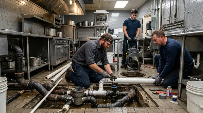 Crew replacing drain pipework at a commercial kitchen floor sink